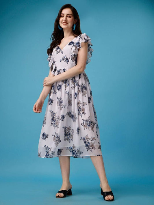 Plus Size Women's Georgette Floral Print Flared Midi Dress