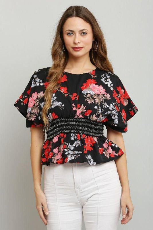Women's Polyester Cinched Lace Waist Printed Top
